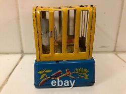 Vintage Litho Japanese Toy Wind Up Bird In Cage with Mirror And Bowl