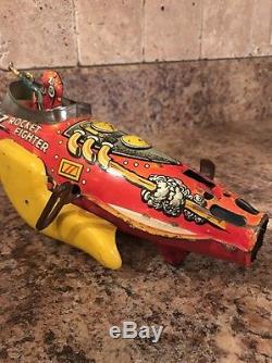 Vintage Litho Tin Marx Flash Gordon Rocket Fighter Wind Up Toy Wyandotte Space