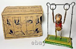 Vintage Louis Marx Tumbling Monkey Acrobat Tin Toy Litho Wind-Up with Box Trapeze