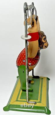 Vintage Louis Marx Tumbling Monkey Acrobat Tin Toy Litho Wind-Up with Box Trapeze