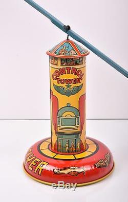 Vintage MARX SKYBIRD Tin Litho WIndup Plane and CONTROL TOWER near MINT