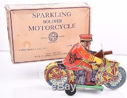 Vintage MARX SPARKLING SOLDIER MOTORCYCLE tin litho wind-up 1940s orig box WORKS