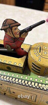 Vintage MARX Tin Litho Military Wind Up Tank Toy with Doughboy 1930's 40's WithKey