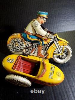Vintage MARX Toys Tin Litho Wind Up Police Motorcycle with Sidecar. MARX POLICE