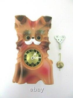 Vintage MI-KEN PETTY DOG WIND-UP WALL CLOCK WithMoving Eyes, Pendulum Key and Box