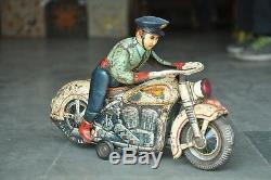 Vintage MT Trademark Litho Police Motorcycle Battery Tin Toy, Japan