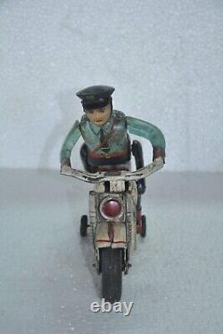 Vintage MT Trademark Police Litho Motorcycle Rider Battery Tin Toy, Japan