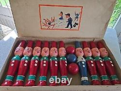 Vintage Made in West Germany Child's Wooden Bowling Skittles Game Complete w Box