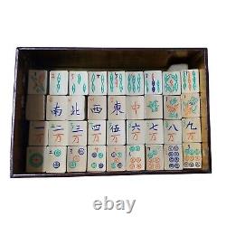 Vintage Mahjong Game with Bone Scoring Sticks, Wooden Tiles Original Metal Box