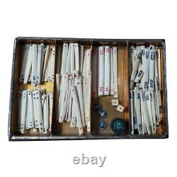 Vintage Mahjong Game with Bone Scoring Sticks, Wooden Tiles Original Metal Box