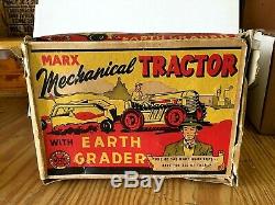 Vintage Marx Mechanical Tractor With Earth Grader & Original Box Very Very Nice