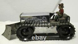 Vintage Marx Silver Wind Up Tractor With Driver, Key, & ORIGINAL PLOW VGUC 50's