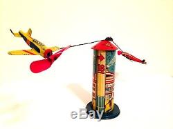 Vintage Marx Skyhawk Airplane Tower Tin Lithographed Wind-Up Toy EXCELLENT