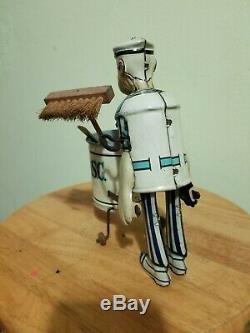 Vintage Marx Tidy Tim Windup Walker Tin Toy With Broom & Shovel Works Perfect