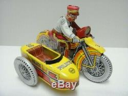 Vintage Marx Tin Litho Windup Police Squad Siren Motorcycle With Sidecar
