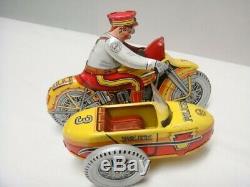 Vintage Marx Tin Litho Windup Police Squad Siren Motorcycle With Sidecar