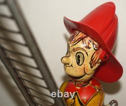 Vintage Marx Toy Climbing Fireman Wind-up Tin Litho With Ladder In Ob