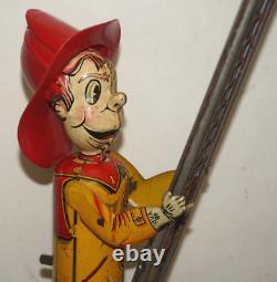 Vintage Marx Toy Climbing Fireman Wind-up Tin Litho With Ladder In Ob