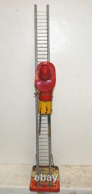 Vintage Marx Toy Climbing Fireman Wind-up Tin Litho With Ladder In Ob