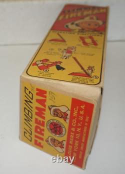 Vintage Marx Toy Climbing Fireman Wind-up Tin Litho With Ladder In Ob