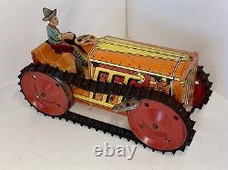 Vintage Marx Toy Co Wind Up Tractor Pressed Steel Orange with Red Wheels