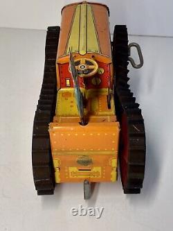 Vintage Marx Toy Co Wind Up Tractor Pressed Steel Orange with Red Wheels
