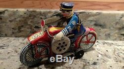 Vintage Marx Toy Mechanical Wind Up Policeman On His Motorcycle