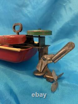 Vintage Marx Toy Steel Boat 12 1/2 Long with RARE Outboard Motor 1930s Era