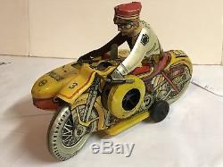 Vintage Marx Toys Wind Up Police Motorcycle With Side Car