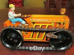 Vintage Marx Wind-up Tractor With Farmer, Tracks, Key & On/off Lever Excellent