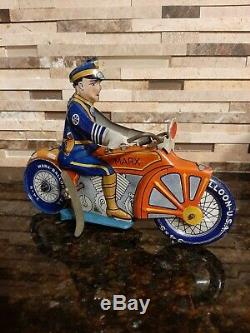 Vintage Marx Windup Tin Litho Police Cop Motorcycle Working Excellent Condition