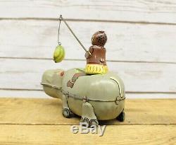 Vintage Mechanical Tin Happy Hippo Wind Up Toy By TPS Japan Rare Litho