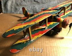 Vintage Mettoy Tin Military Biplane Airplane Mechanical Wind-up Pre 1946