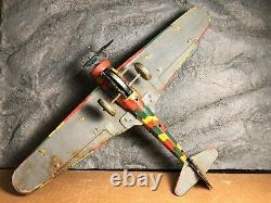 Vintage Mettoy Tin Military Biplane Airplane Mechanical Wind-up Pre 1946