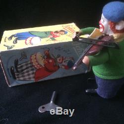 Vintage Mint Schuco Wind Up Clown Violinist Toy Germany with Key and Box