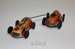 Vintage NIEDERMEIER PN German Tin Wind Up Dueling Overtaking Race Cars with OB EX