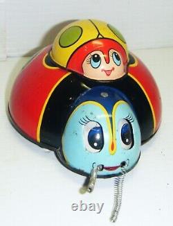 Vintage OK Brand Japan Wind-Up Tin Toy Double Lady Bug Moving Eyes