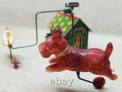 Vintage Occupied Japan Tin and Celluloid Wind-Up Dog Chase Toy in Box