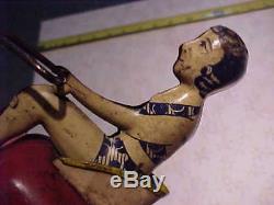 Vintage Old Tin Windup Toy JANTZEN Girl in Bathing Suit on Scooter Motorcycle
