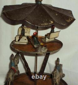 Vintage Old Winding Mechanical Litho Tin Toy Carousel Horse Race Germany 1920