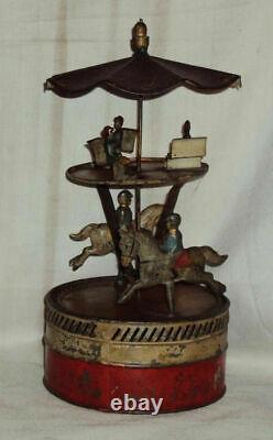 Vintage Old Winding Mechanical Litho Tin Toy Carousel Horse Race Germany 1920