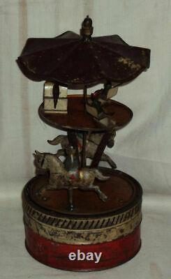 Vintage Old Winding Mechanical Litho Tin Toy Carousel Horse Race Germany 1920