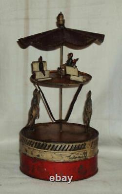 Vintage Old Winding Mechanical Litho Tin Toy Carousel Horse Race Germany 1920