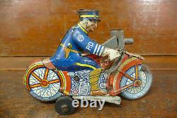 Vintage Original 1930s Marx Wind Up Police Department Sparking Motorcycle WORKS