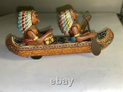 Vintage Original Japan Tin Litho Tom Tom Rowing Indian Friction Canoe Toy