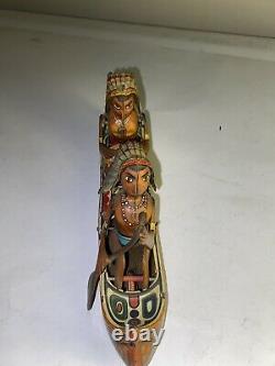 Vintage Original Japan Tin Litho Tom Tom Rowing Indian Friction Canoe Toy