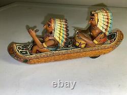 Vintage Original Japan Tin Litho Tom Tom Rowing Indian Friction Canoe Toy