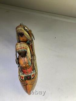 Vintage Original Japan Tin Litho Tom Tom Rowing Indian Friction Canoe Toy