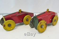 Vintage Pair of Tin Windup Boat Tail Indy Race Cars Wind Up Toys #21 Red Yellow