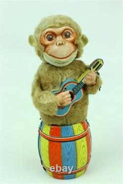 Vintage Plush Tin Wind Up Jolly Monkey Toy Nomura Fuji Japan Guitar